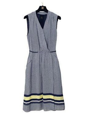 David Lawrence Silk Faux Wrap Dress Size 12 Navy Blue Stripe Mixed Print Summer
